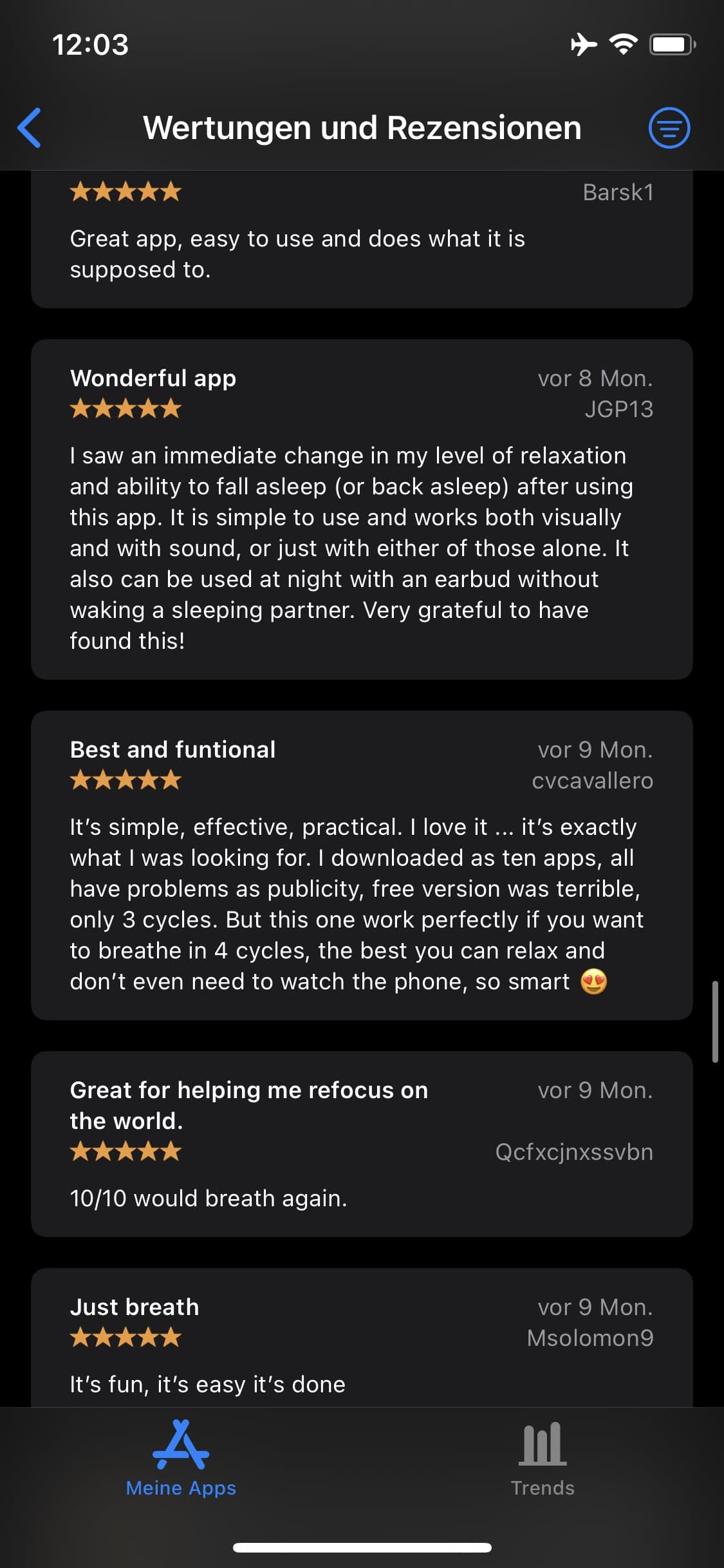 Five-star Breathe reviews praising relaxation, sleep support, and practical breathing cycles