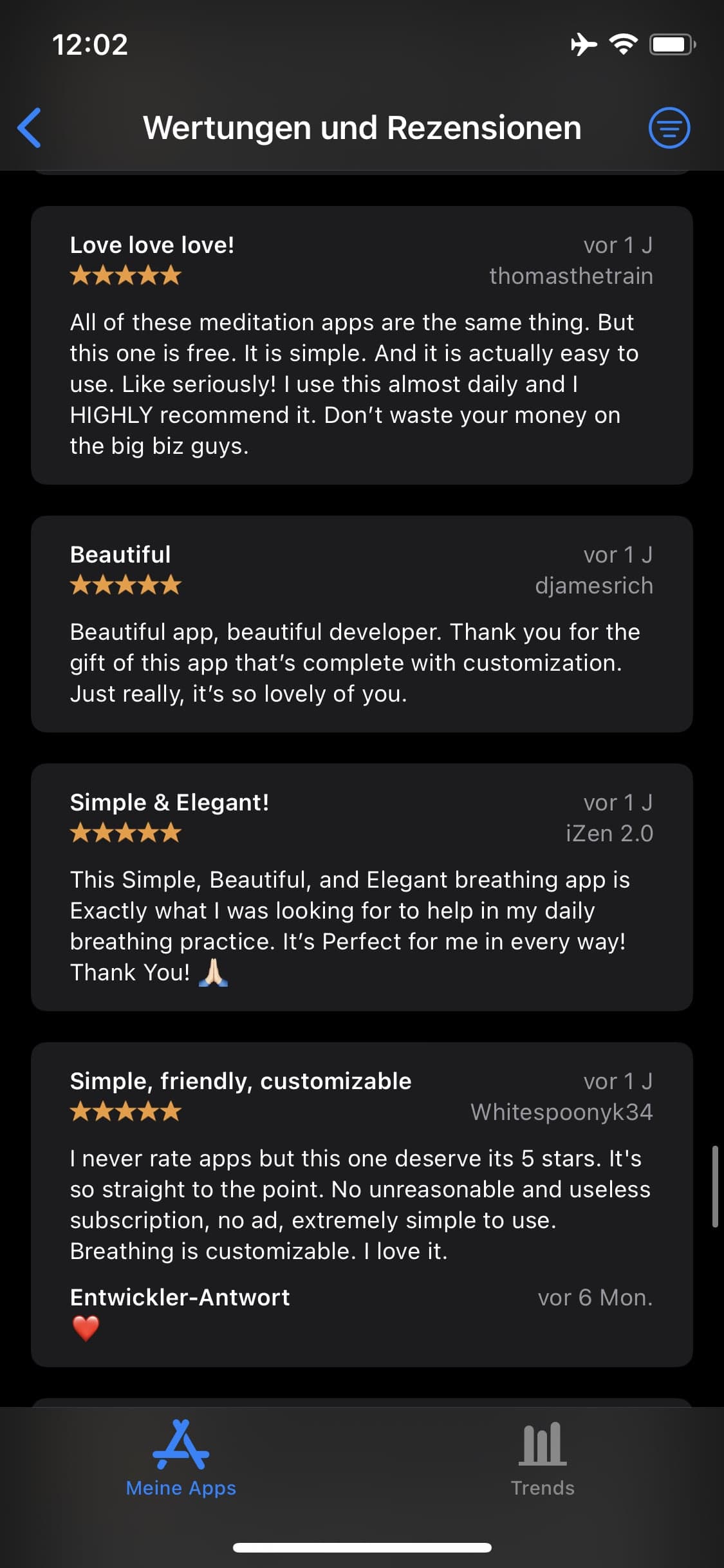 Five-star Breathe reviews praising the free, elegant, and customizable breathing experience
