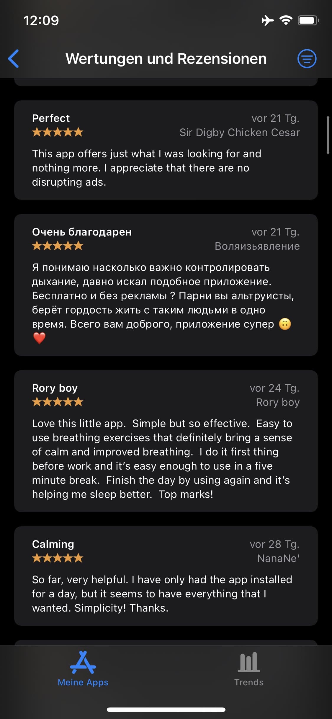 Five-star Breathe reviews praising its ad-free simplicity, calming exercises, and sleep benefits