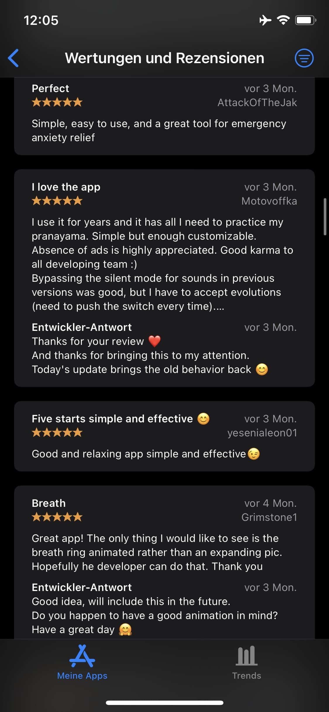 Five-star Breathe reviews praising anxiety relief, pranayama support, and relaxing exercises