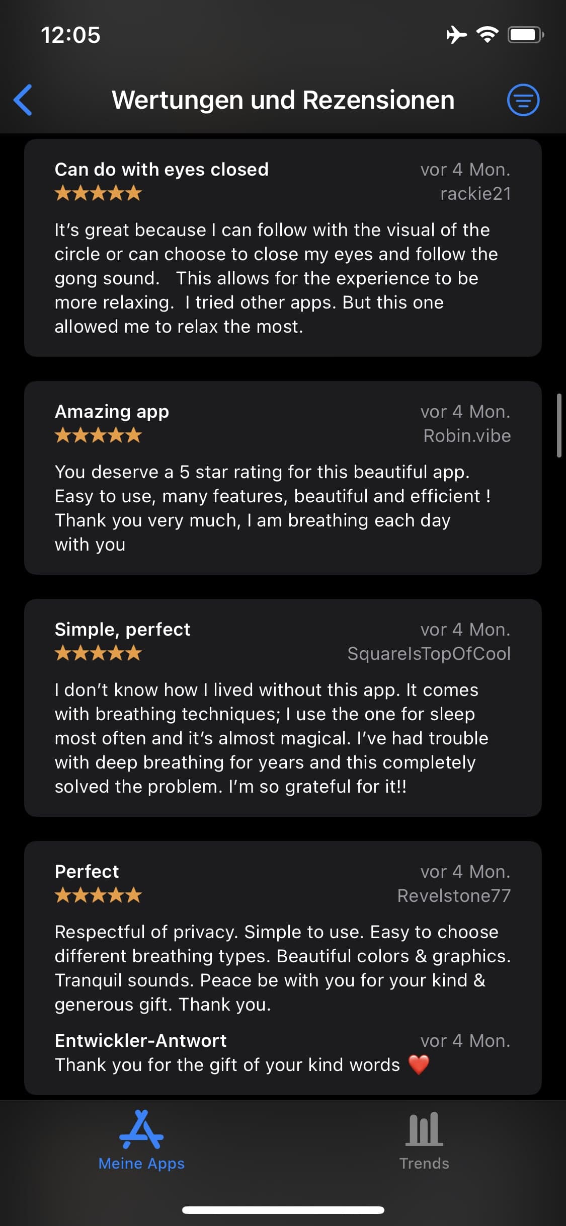 Five-star Breathe reviews praising its visual and sound guidance, sleep exercises, and privacy