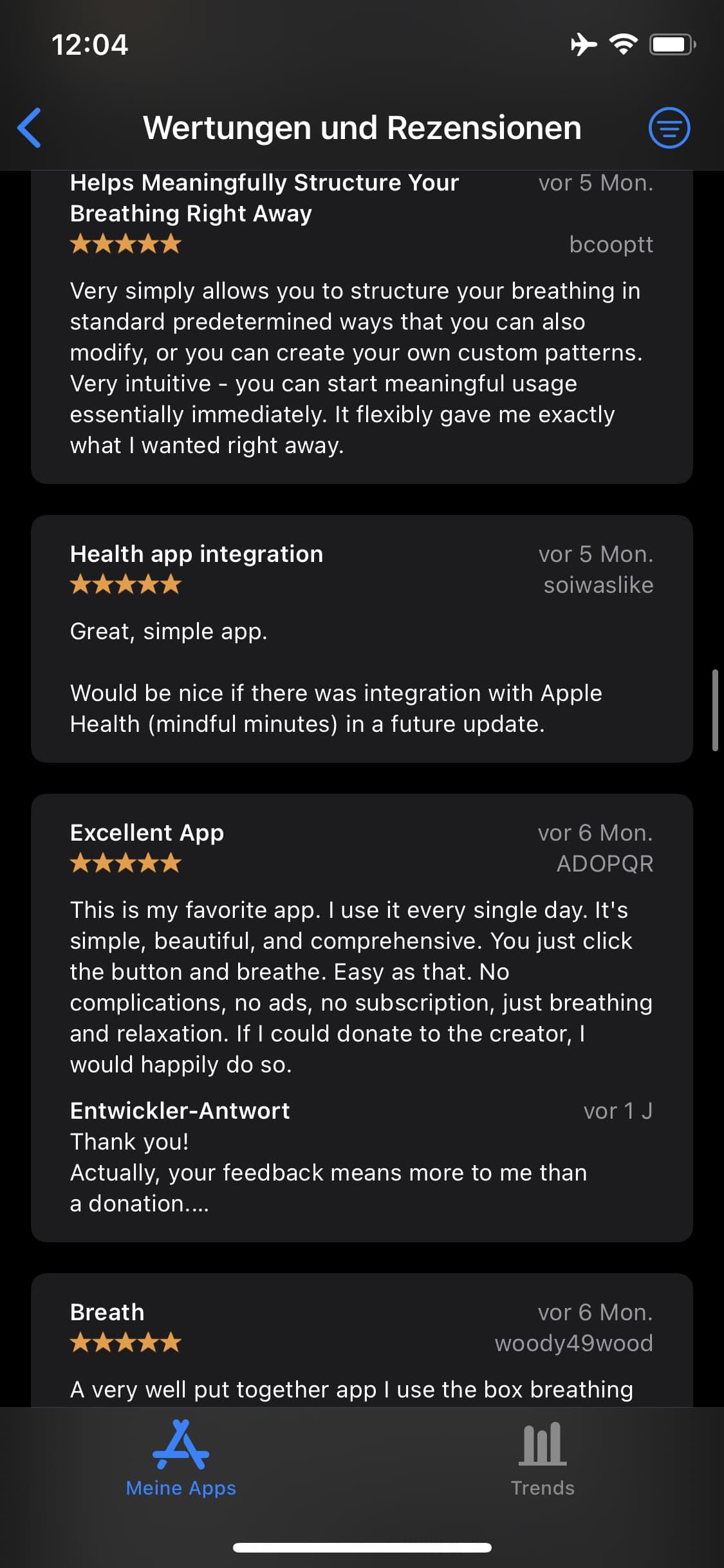 Five-star Breathe reviews praising custom breathing patterns, simplicity, and daily use