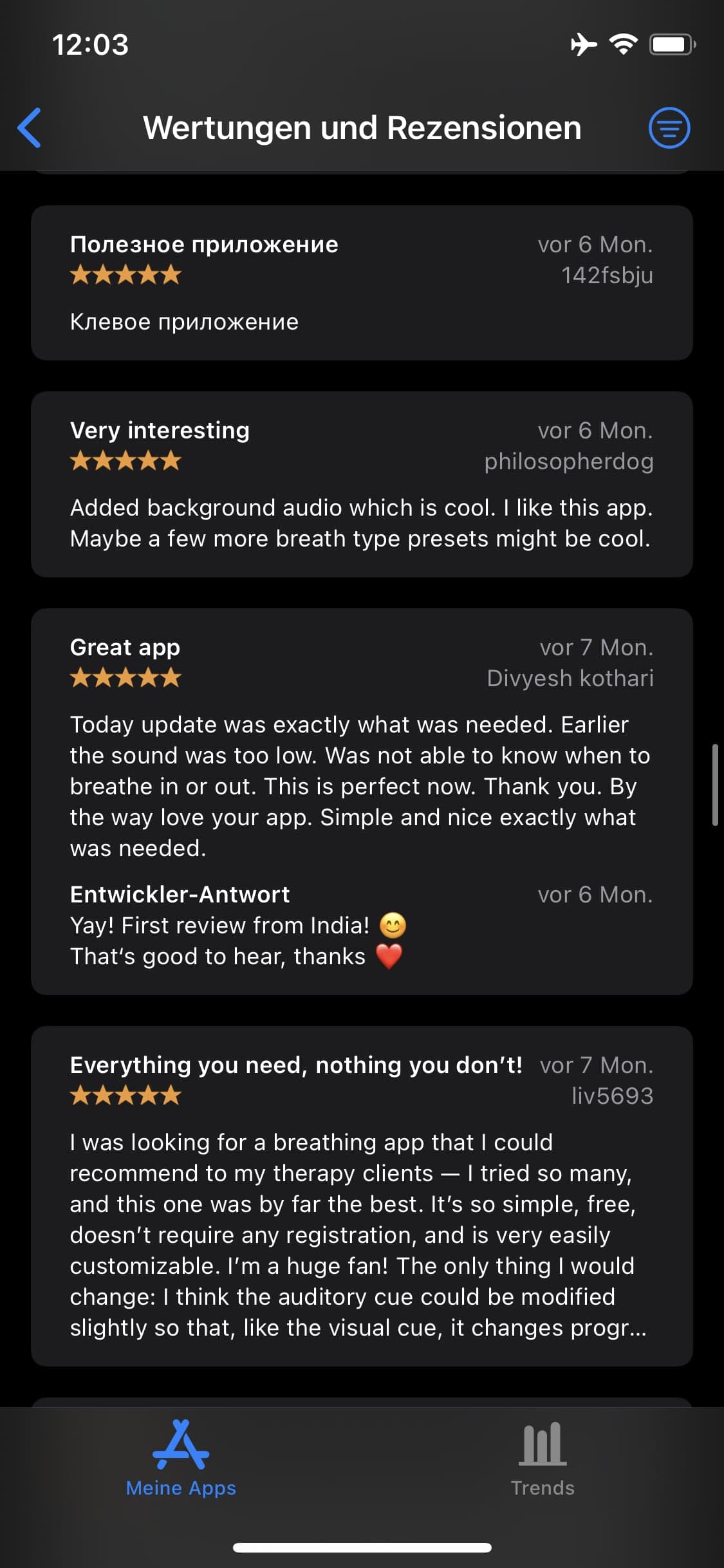 Five-star Breathe reviews praising background audio, clearer sound cues, and customization