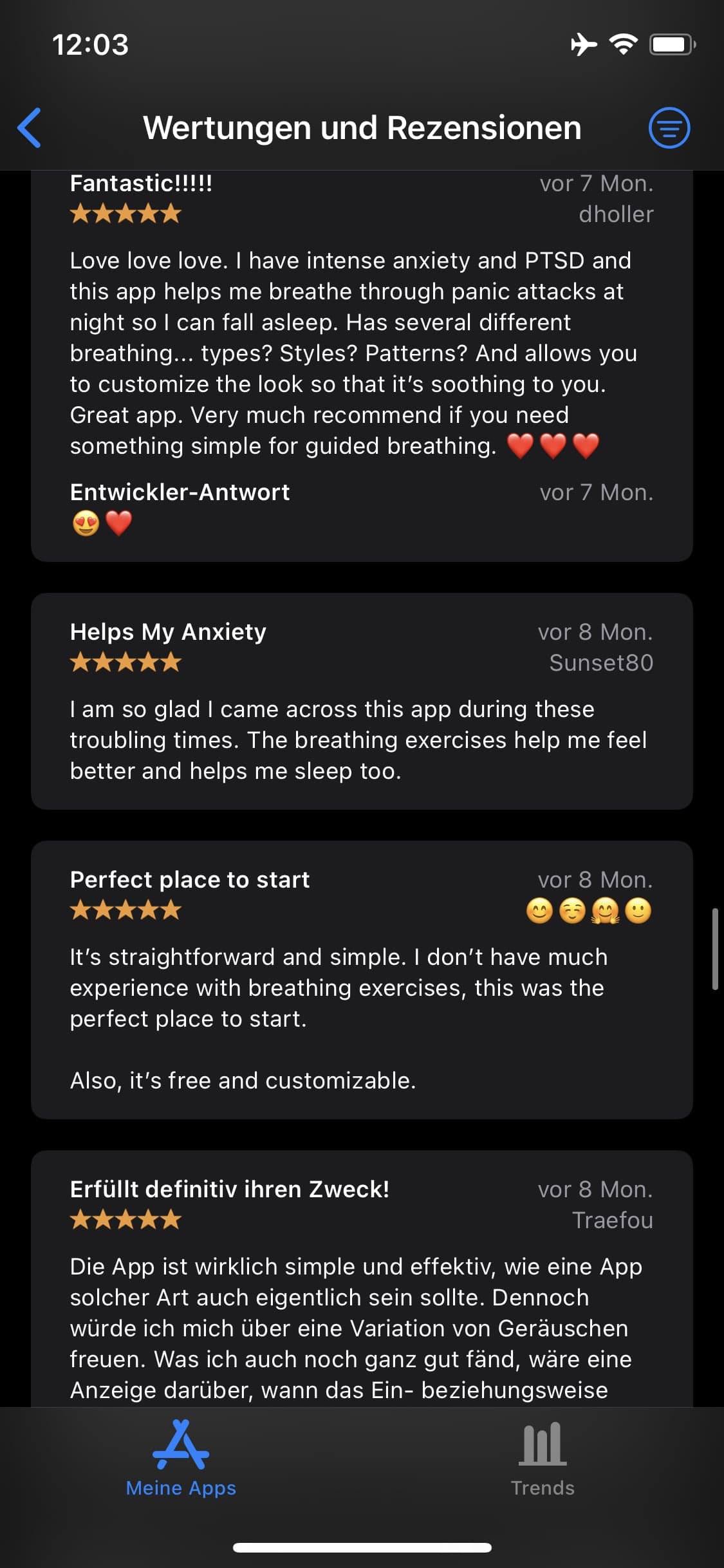 Five-star Breathe reviews praising panic-attack relief, better sleep, and beginner-friendly exercises